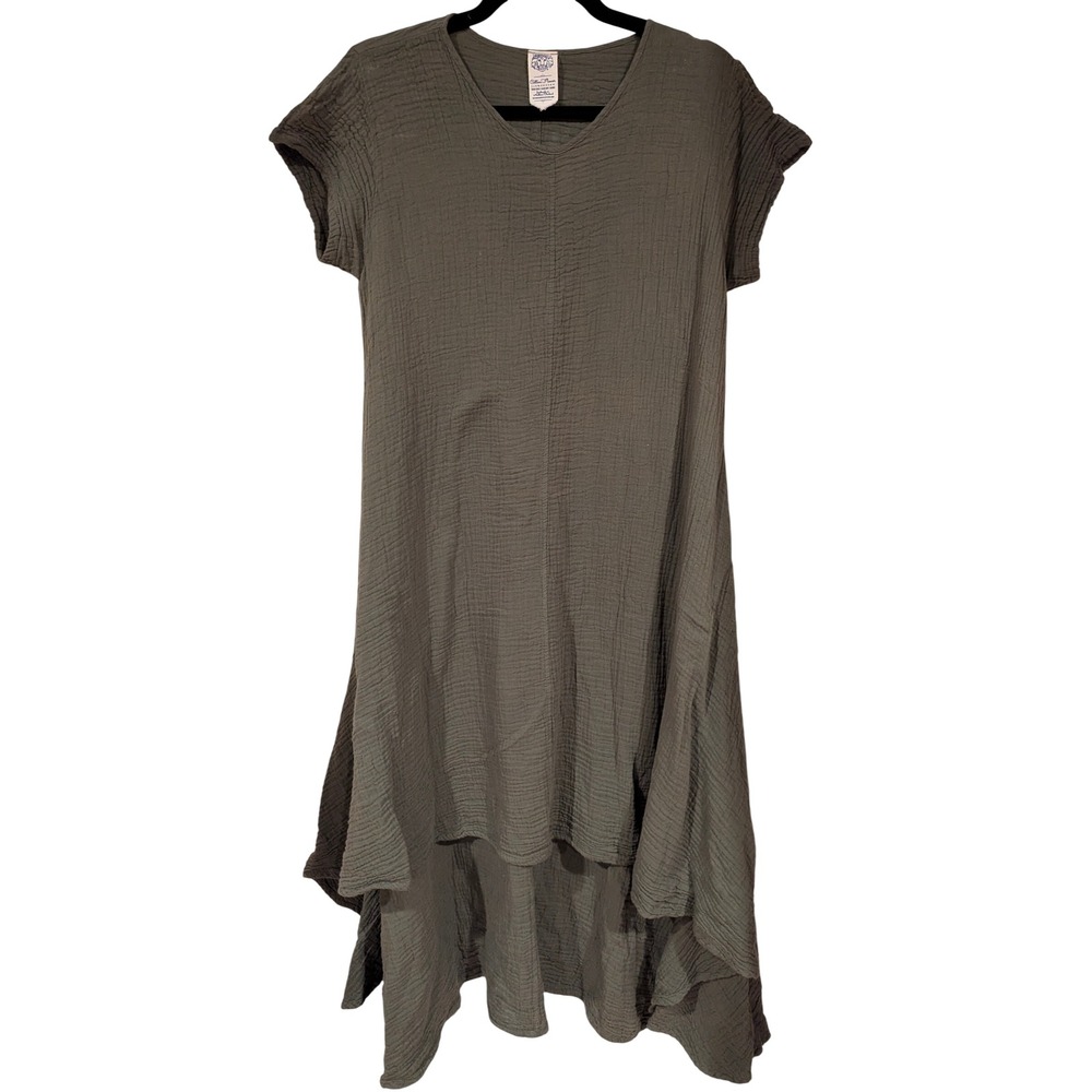 Cotton Flower Dress OS Olive Green Gauze Handkerchief Hem Boho Lagenlook Artisan
